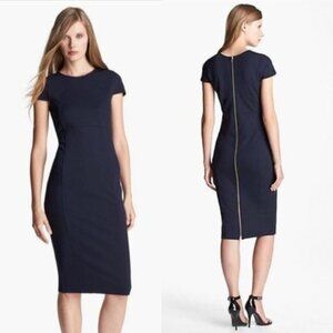 Felicity & Coco Pencil Dress Bodycon Back Zipper Short Sleeves Navy Blue Small